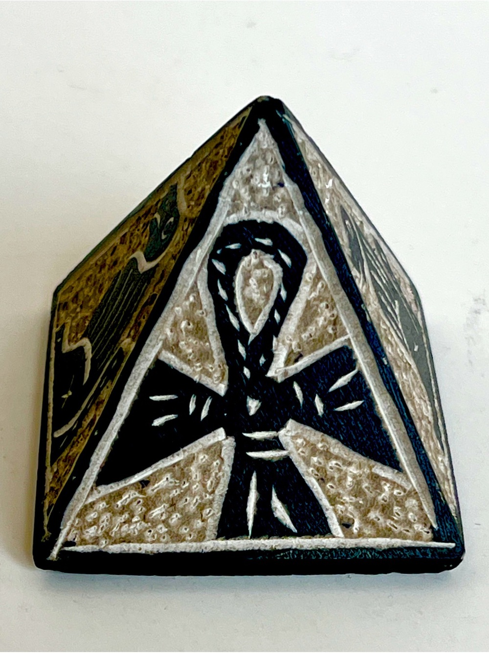 Handcrafted Black and Cream Pyramid Sculpture with Ankh Motif